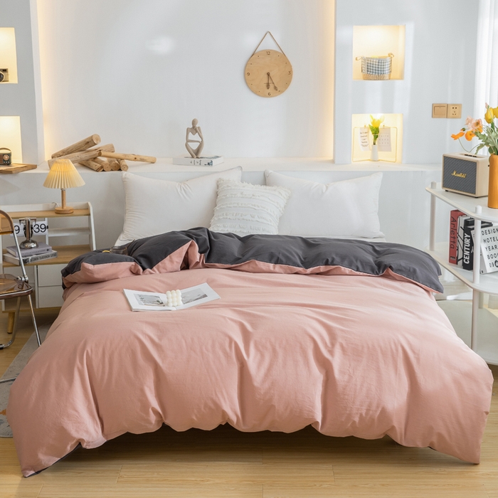 91家纺网 家纺一手货源 找家纺 2025新款全棉双拼水洗棉四件套 双拼-豆沙深灰