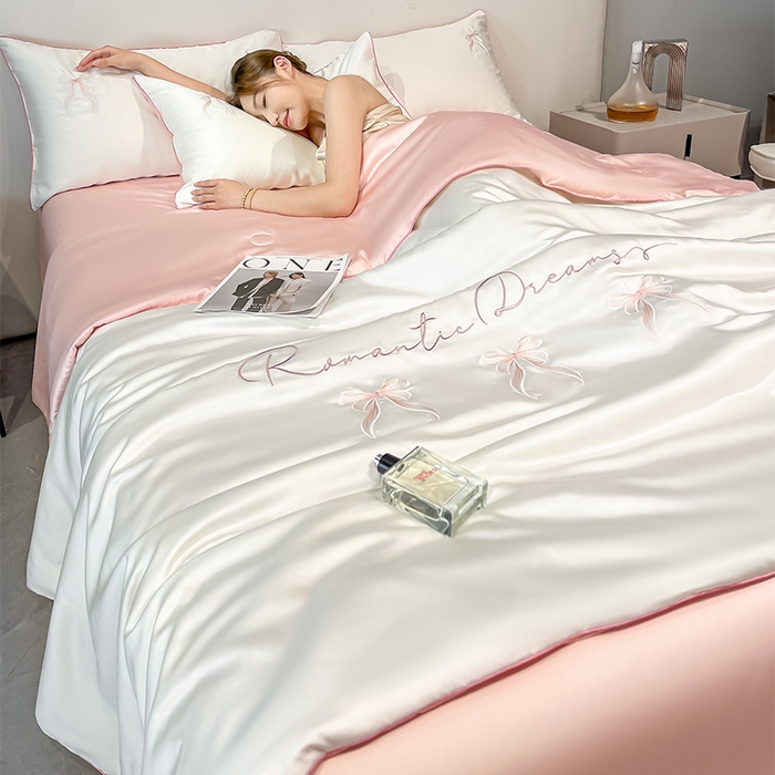 91家纺网 家纺一手货源 找家纺 如一 2025新款水洗冰丝麻绳夏被四件套-初夏 初夏-奶白粉