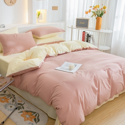 2025新款全棉双拼水洗棉四件套 双拼-豆沙奶黄