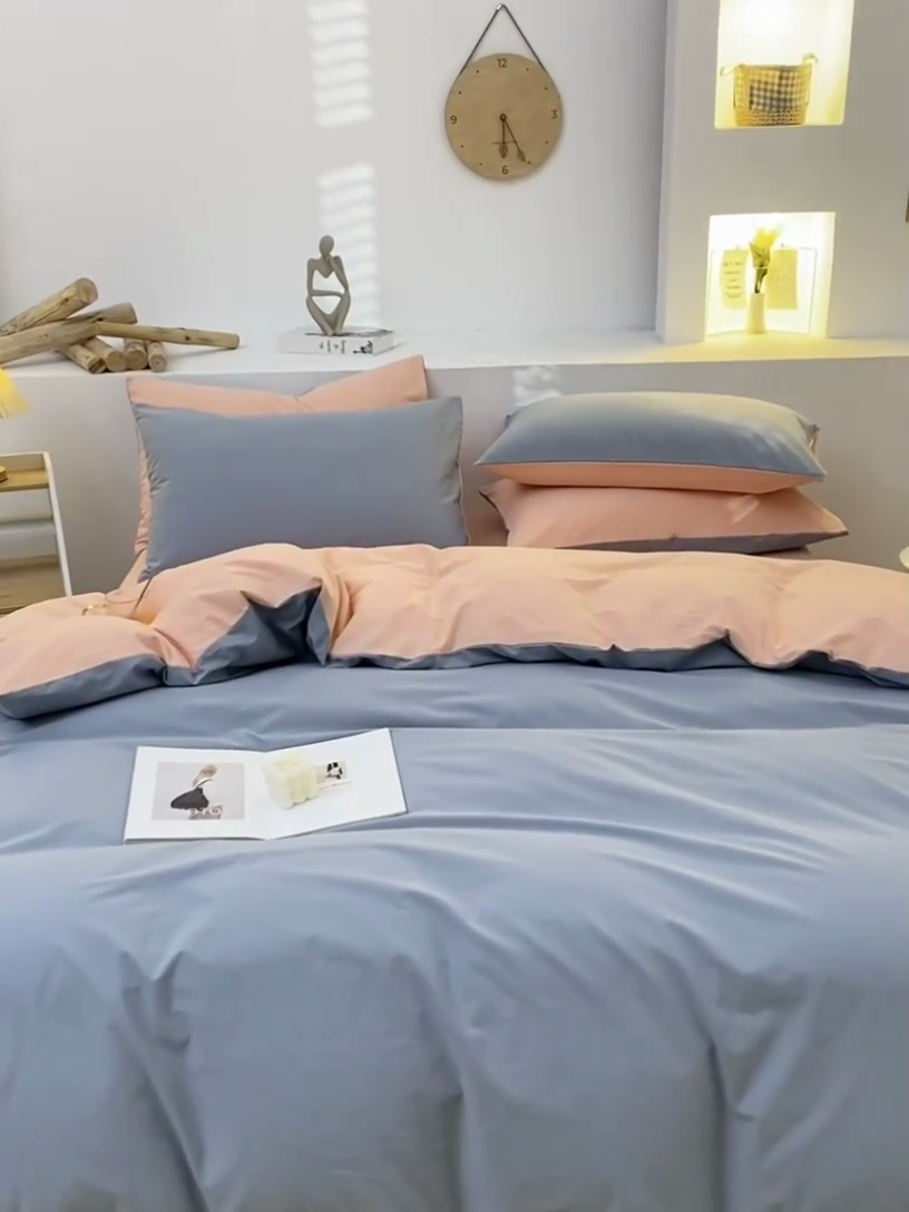 91家纺网 家纺一手货源 找家纺 2025新款全棉双拼水洗棉四件套 双拼-浅蓝粉