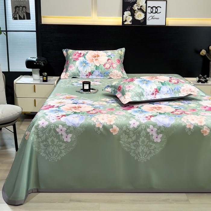 91家纺网 家纺一手货源 找家纺 许林 2025新款冰丝凉席床单款凉席三件套-繁花