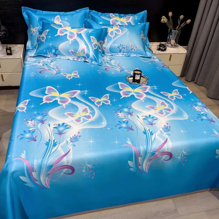 91家纺网 家纺一手货源 找家纺 许林家纺  2025新款冰丝凉席床单款凉席三件套 蓝色蝶海