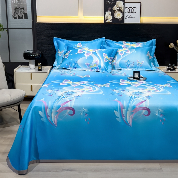 91家纺网 家纺一手货源 找家纺 许林家纺  2025新款冰丝凉席床单款凉席三件套 蓝色蝶海