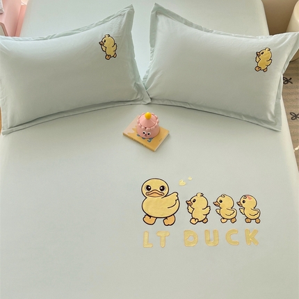 圣比熊 2025新款贴布绣针织棉双层纱枕套 旅行鸭-浅清绿