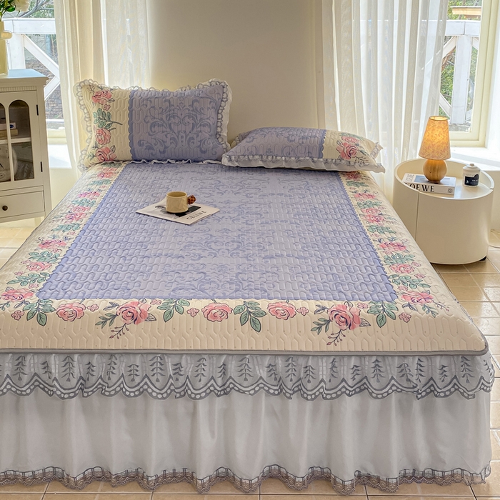 91家纺网 家纺一手货源 找家纺 麋兔 2025新款冰丝床裙乳胶凉席席子 紫蔓