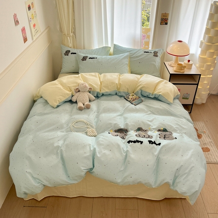 雅居纺家纺 2025春夏新款全棉纯棉毛巾绣四件套 幸福一家人