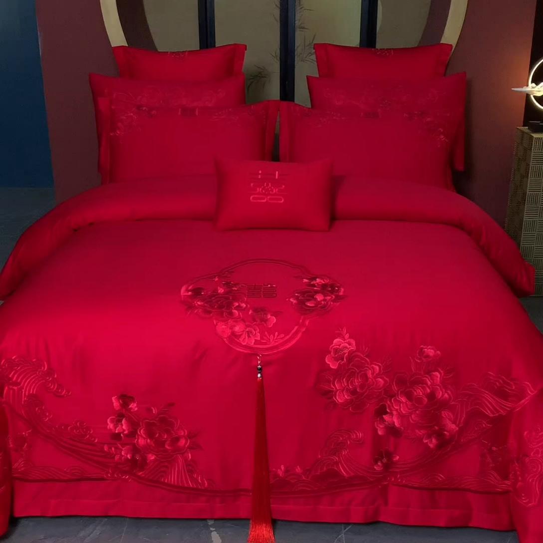 91家纺网 家纺一手货源 找家纺 慕她家纺 2025新款慕她婚庆四件套全棉纯棉结婚刺绣花多件套六八十床品 美丽红妆