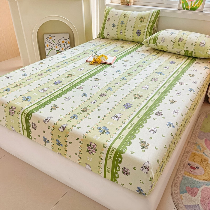 91家纺网 家纺一手货源 找家纺 晓时候2025新款老粗布床笠凉席 田园小兔