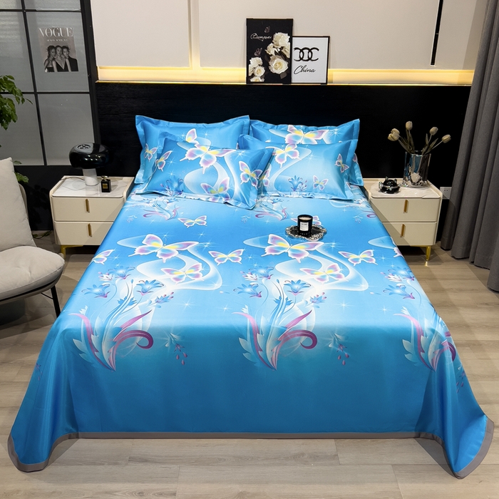 91家纺网 家纺一手货源 找家纺 许林 2025新款冰丝凉席床单款凉席三件套-蓝色蝶海