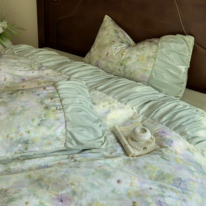 91家纺网 家纺一手货源 找家纺 艾米家居 2025新款A类天丝棉冰丝法式花边褶皱款四件套 绿野仙踪褶皱款