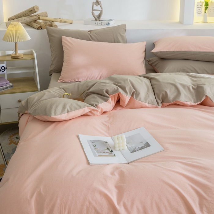 91家纺网 家纺一手货源 找家纺 2025新款全棉双拼水洗棉四件套 双拼-粉卡其