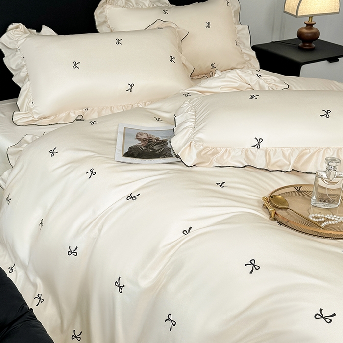 91家纺网 家纺一手货源 找家纺 （总）老K (原美阁） 2025新款夏季轻奢水洗真丝四件套 花边高级感韩版冰丝四件套