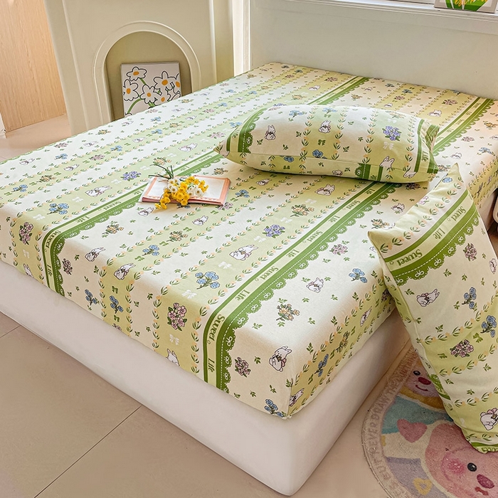 91家纺网 家纺一手货源 找家纺 晓时候2025新款老粗布床笠凉席 田园小兔