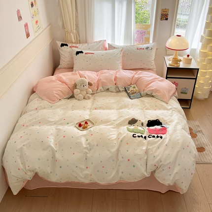 雅居纺家纺 2025春夏新款全棉纯棉毛巾绣四件套 萌萌小猫