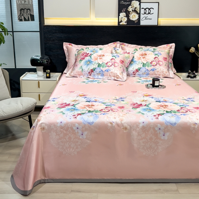 91家纺网 家纺一手货源 找家纺 许林 2025新款冰丝凉席床单款凉席三件套-海棠花