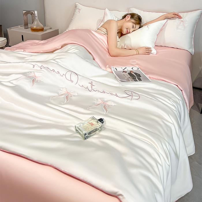 91家纺网 家纺一手货源 找家纺 如一 2025新款水洗冰丝麻绳夏被四件套-初夏 初夏-奶白粉