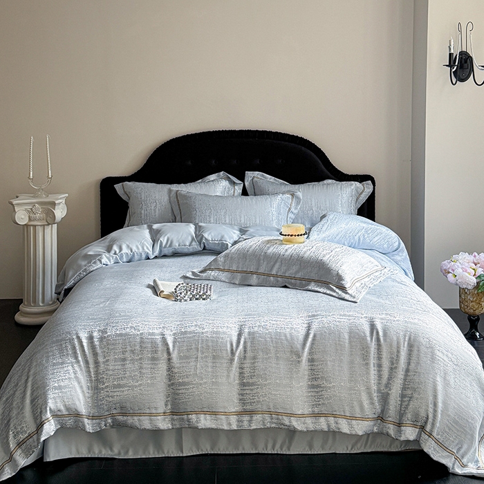 91家纺网 家纺一手货源 找家纺 优悦生活馆 2025新款冰丝亮丝提花四件套-白月光 水波蓝