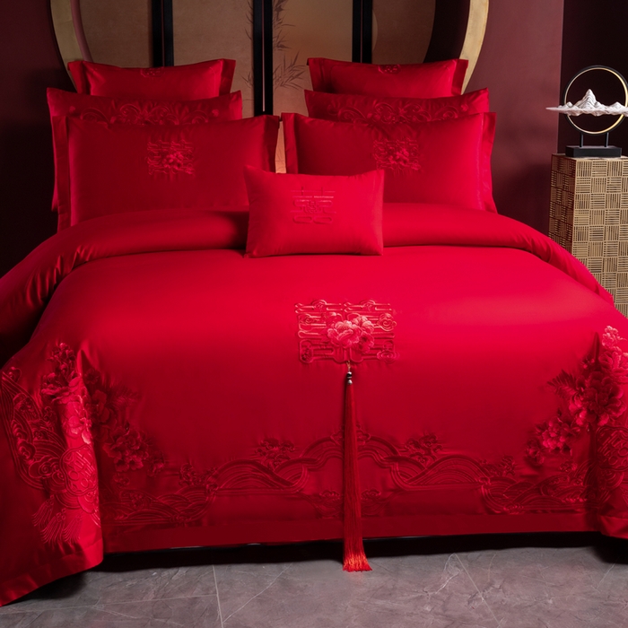 91家纺网 家纺一手货源 找家纺 慕她家纺 2025新款慕她婚庆四件套全棉纯棉结婚刺绣花多件套六八十床品 恋曲牡丹