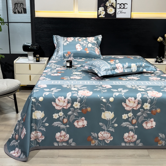 91家纺网 家纺一手货源 找家纺 许林 2025新款冰丝凉席床单款凉席三件套-蜜桃花