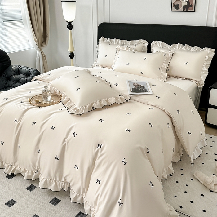 91家纺网 家纺一手货源 找家纺 （总）老K (原美阁） 2025新款夏季轻奢水洗真丝四件套 花边高级感韩版冰丝四件套