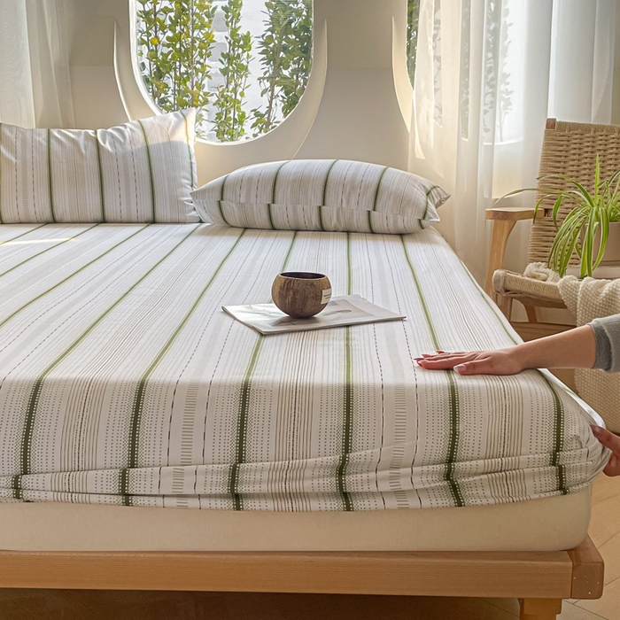 91家纺网 家纺一手货源 找家纺 雅居纺家纺 2025春夏新款全棉纯棉简约老粗布-单床笠 床笠单件凉席席 自由-绿