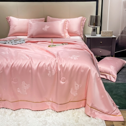 经年 2025新款潮流熊60S贡缎提花水洗真丝冰丝天丝大豆夏被四件套直播爆款 潮流熊-粉玉