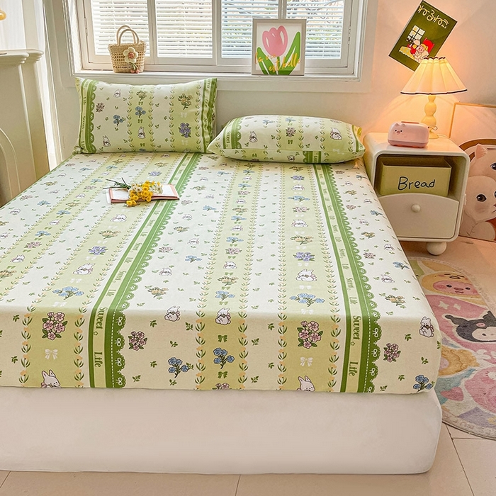 91家纺网 家纺一手货源 找家纺 晓时候2025新款老粗布床笠凉席 田园小兔