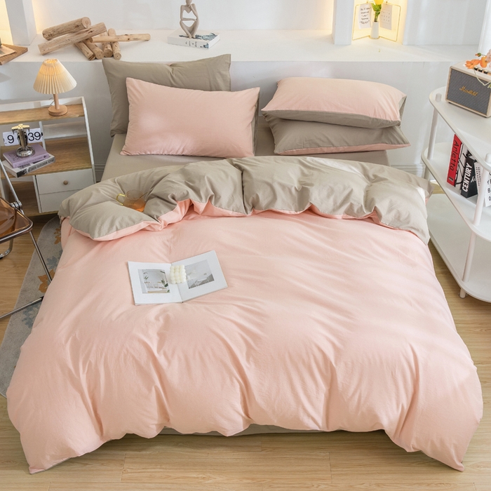 91家纺网 家纺一手货源 找家纺 2025新款全棉双拼水洗棉四件套 双拼-粉卡其