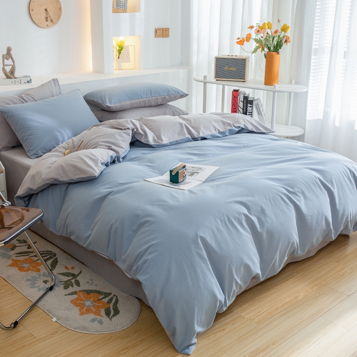 91家纺网 家纺一手货源 找家纺 2025新款全棉双拼水洗棉四件套 双拼-浅蓝灰