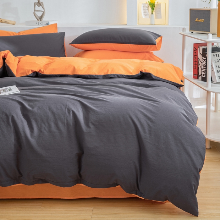 91家纺网 家纺一手货源 找家纺 2025新款全棉双拼水洗棉四件套 双拼-深灰桔