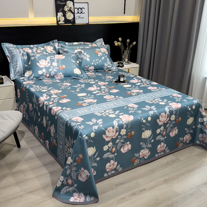 91家纺网 家纺一手货源 找家纺 许林 2025新款冰丝凉席床单款凉席三件套-蜜桃花