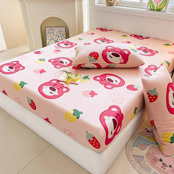 91家纺网 家纺一手货源 找家纺 晓时候2025新款老粗布床笠凉席 草莓熊