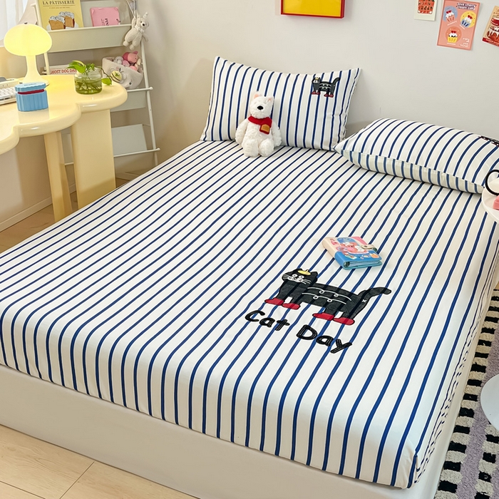 91家纺网 家纺一手货源 找家纺 雅居纺家纺 2025春夏新款全棉纯棉绣花A类老粗布单床笠床笠单件 老粗布-小猫咪