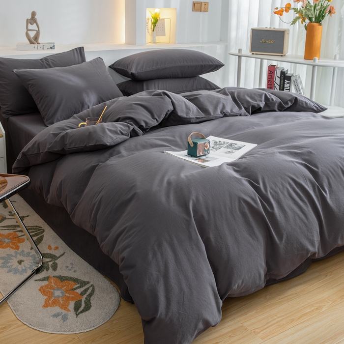 91家纺网 家纺一手货源 找家纺 2025新款全棉双拼水洗棉四件套 双拼-低调灰