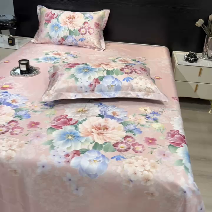 91家纺网 家纺一手货源 找家纺 许林 2025新款冰丝凉席床单款凉席三件套-海棠花