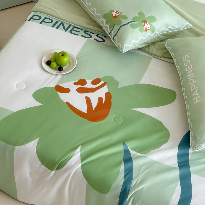 91家纺网 家纺一手货源 找家纺 大彩家居 2025新款凉感丝大版数码印花夏凉被 荷韵-绿