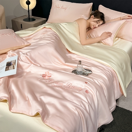 91家纺网 家纺一手货源 找家纺 如一 2025新款水洗冰丝麻绳夏被四件套-四叶草 四叶草-粉米