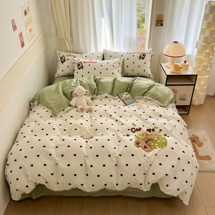 雅居纺家纺 2025春夏新款全棉纯棉毛巾绣四件套 慵懒小熊