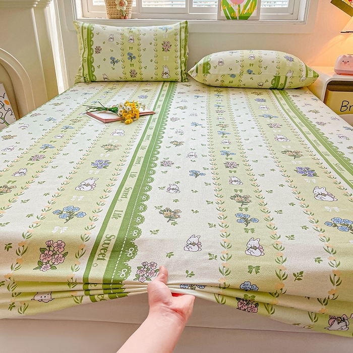 91家纺网 家纺一手货源 找家纺 晓时候2025新款老粗布床笠凉席 田园小兔