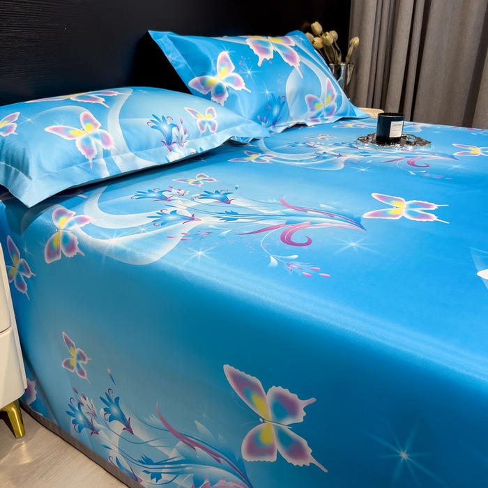 91家纺网 家纺一手货源 找家纺 许林家纺  2025新款冰丝凉席床单款凉席三件套 蓝色蝶海