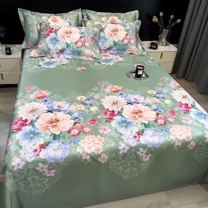 91家纺网 家纺一手货源 找家纺 许林 2025新款冰丝凉席床单款凉席三件套-繁花