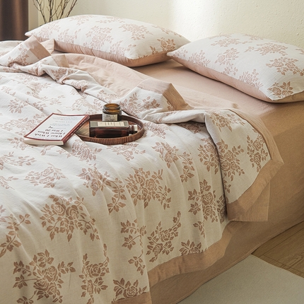 优被业 2025新款A类全棉中古风全棉三层纱提花大豆夏被 长夏-咖