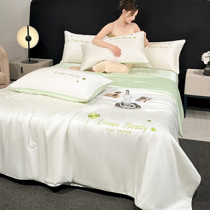 91家纺网 家纺一手货源 找家纺 如一 2025新款水洗冰丝麻绳夏被四件套-四叶草 四叶草-奶白绿