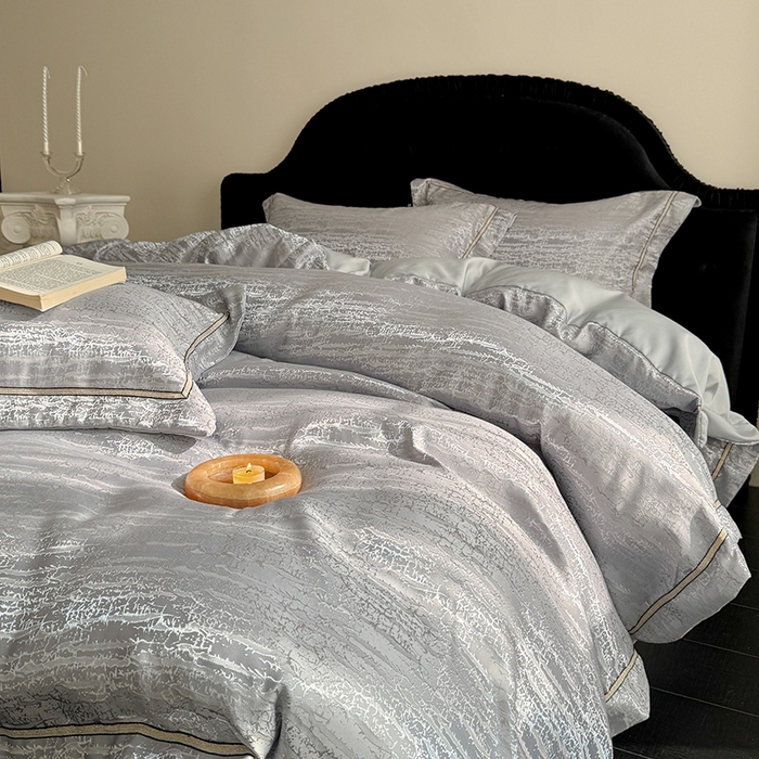 91家纺网 家纺一手货源 找家纺 优悦生活馆 2025新款冰丝亮丝提花四件套-白月光 星辰灰