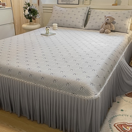 雅居纺家纺 2025新款加厚三明治底床裙款凉感席 蝴蝶结爱恋-灰