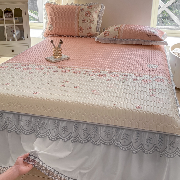 91家纺网 家纺一手货源 找家纺 麋兔 2025新款冰丝床裙乳胶凉席席子 桃花韵