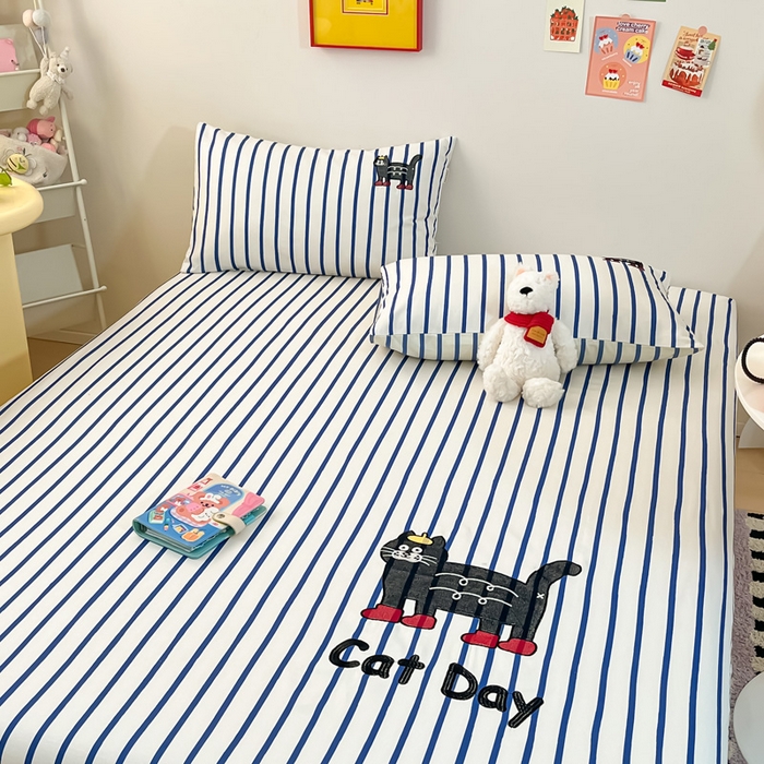 91家纺网 家纺一手货源 找家纺 雅居纺家纺 2025春夏新款全棉纯棉绣花A类老粗布单床笠床笠单件 老粗布-小猫咪