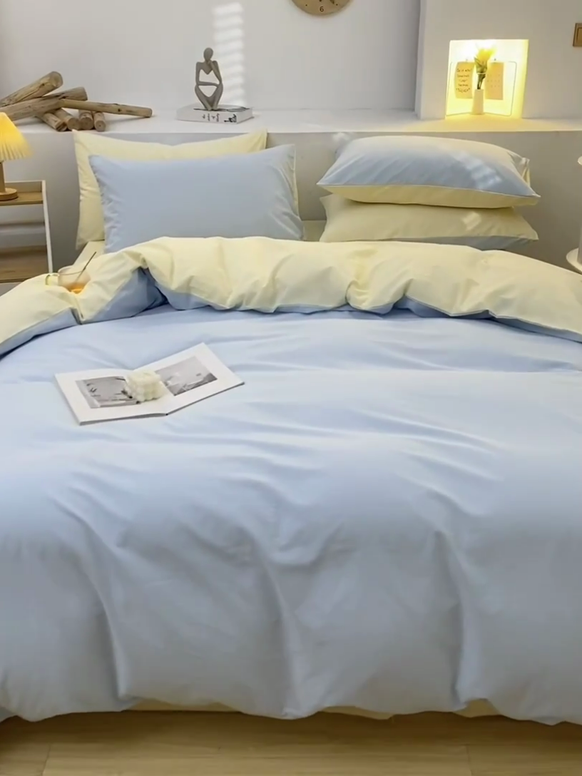 91家纺网 家纺一手货源 找家纺 2025新款全棉双拼水洗棉四件套 双拼-天蓝奶黄