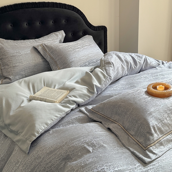 91家纺网 家纺一手货源 找家纺 优悦生活馆 2025新款冰丝亮丝提花四件套-白月光 星辰灰