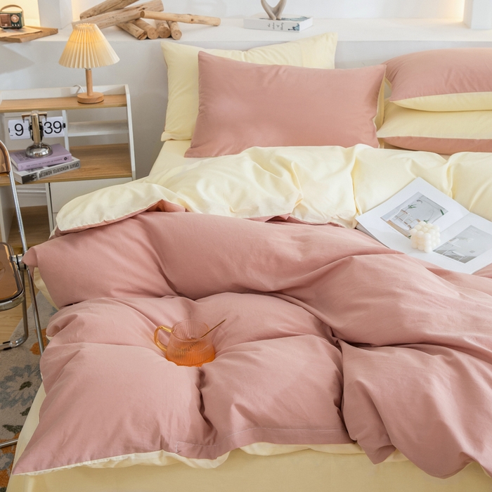 91家纺网 家纺一手货源 找家纺 2025新款全棉双拼水洗棉四件套 双拼-豆沙奶黄